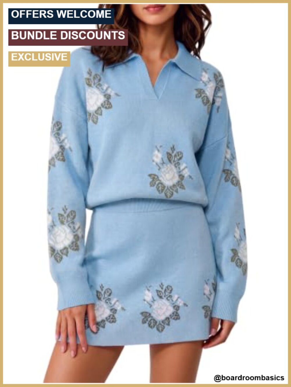 Women's 2-Piece Knit Floral Skirt Set with Collared V-Neck Sweater & A-Line